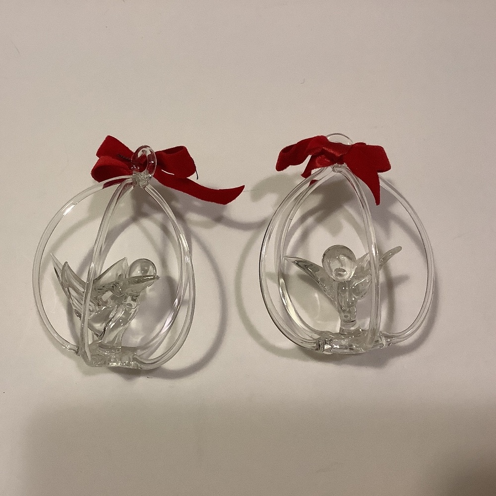 Two vintage hang spun glass love bird ornaments